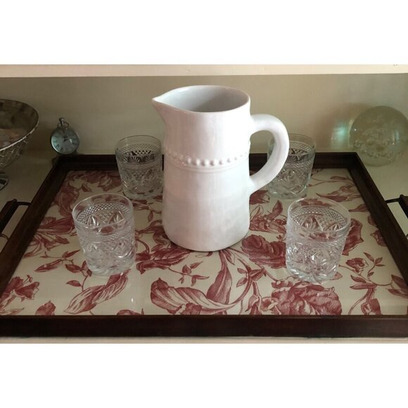 Wood Frame Antique Vintage Glass Serving Tray Red Flower Pattern Print - Picture 11 of 15